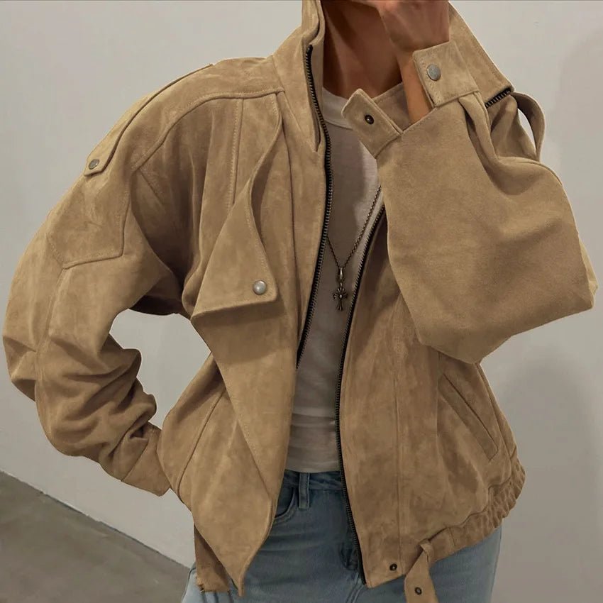 OLANE Faux Suede Oversized Bomber Jacket CamelLJacket