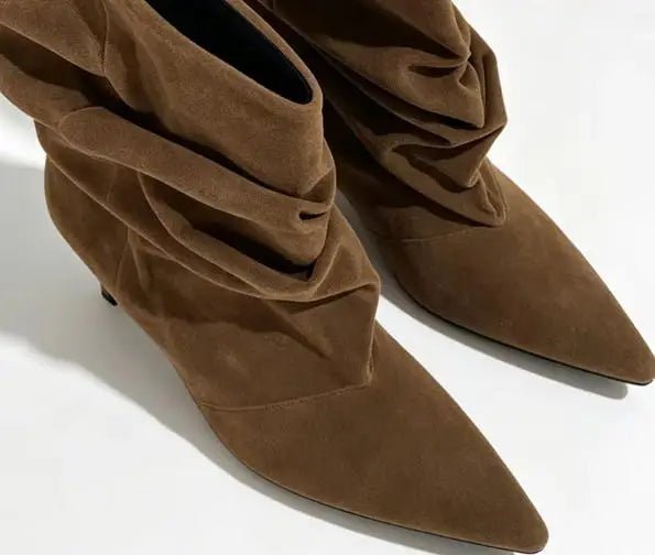 OLANE Faux Suede Ruched Pointed-Toe Boots Brown38Women's Shoes