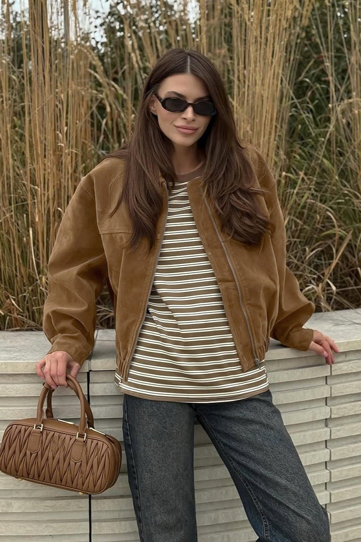 OLANE Faux Suede Zip-Up Bomber Jacket BrownLWomen's Coats & Jackets