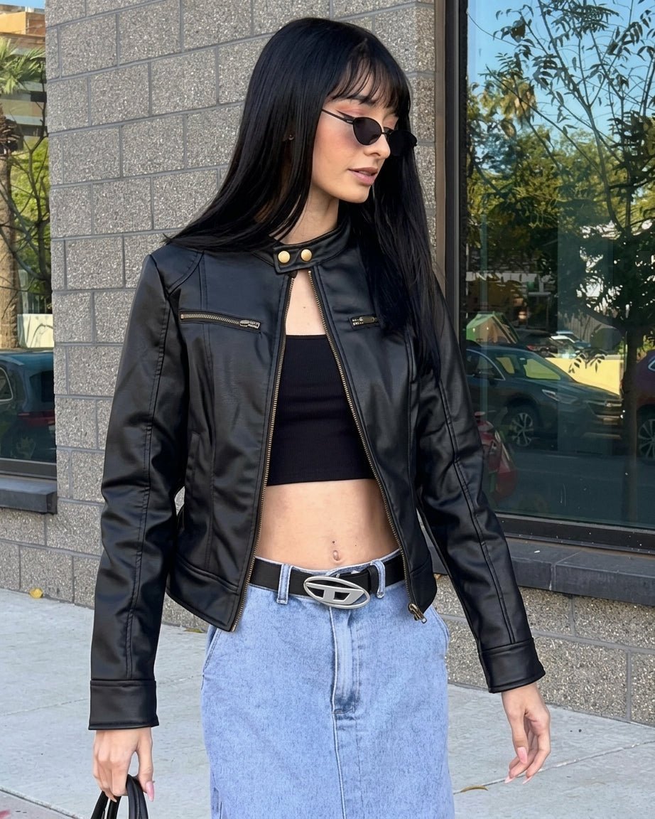 OLANE Fitted Faux Leather Moto Jacket BlackLJacket