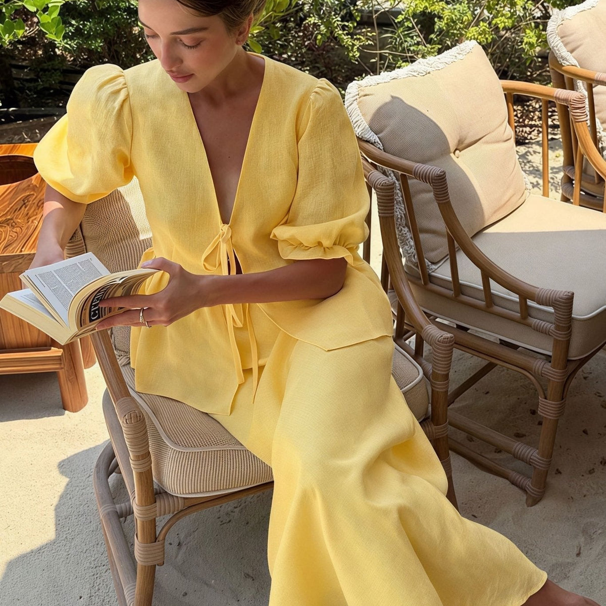 OLANE Flattering Tie - Front Ruffle Skirt Set YellowSWomen's Sets