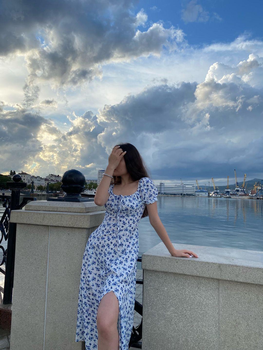 OLANE Floral Puff Sleeve Midi Dress with Slit BlueMWomen's Dresses