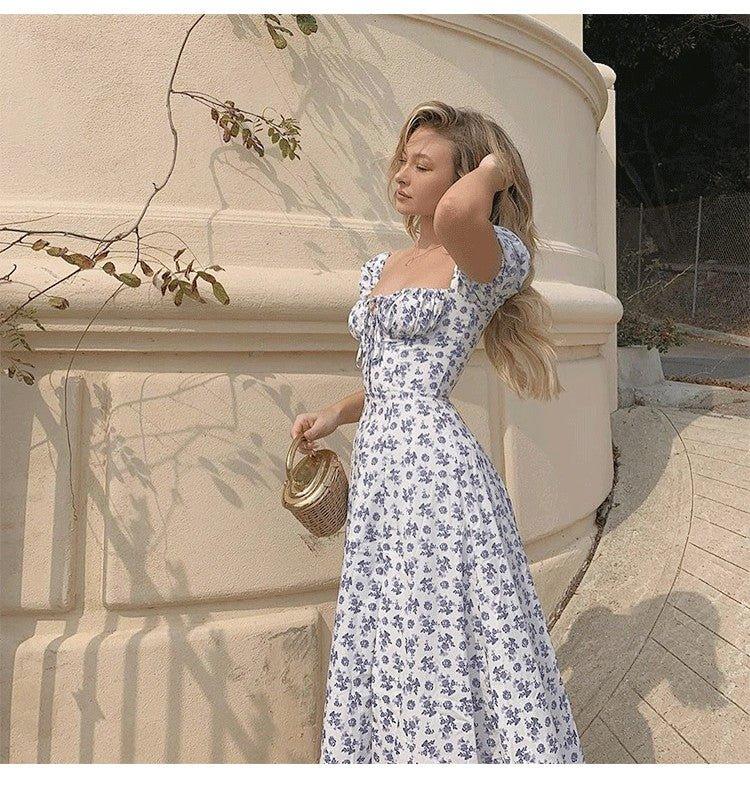 OLANE Floral Puff Sleeve Midi Dress with Slit BlueSWomen's Dresses
