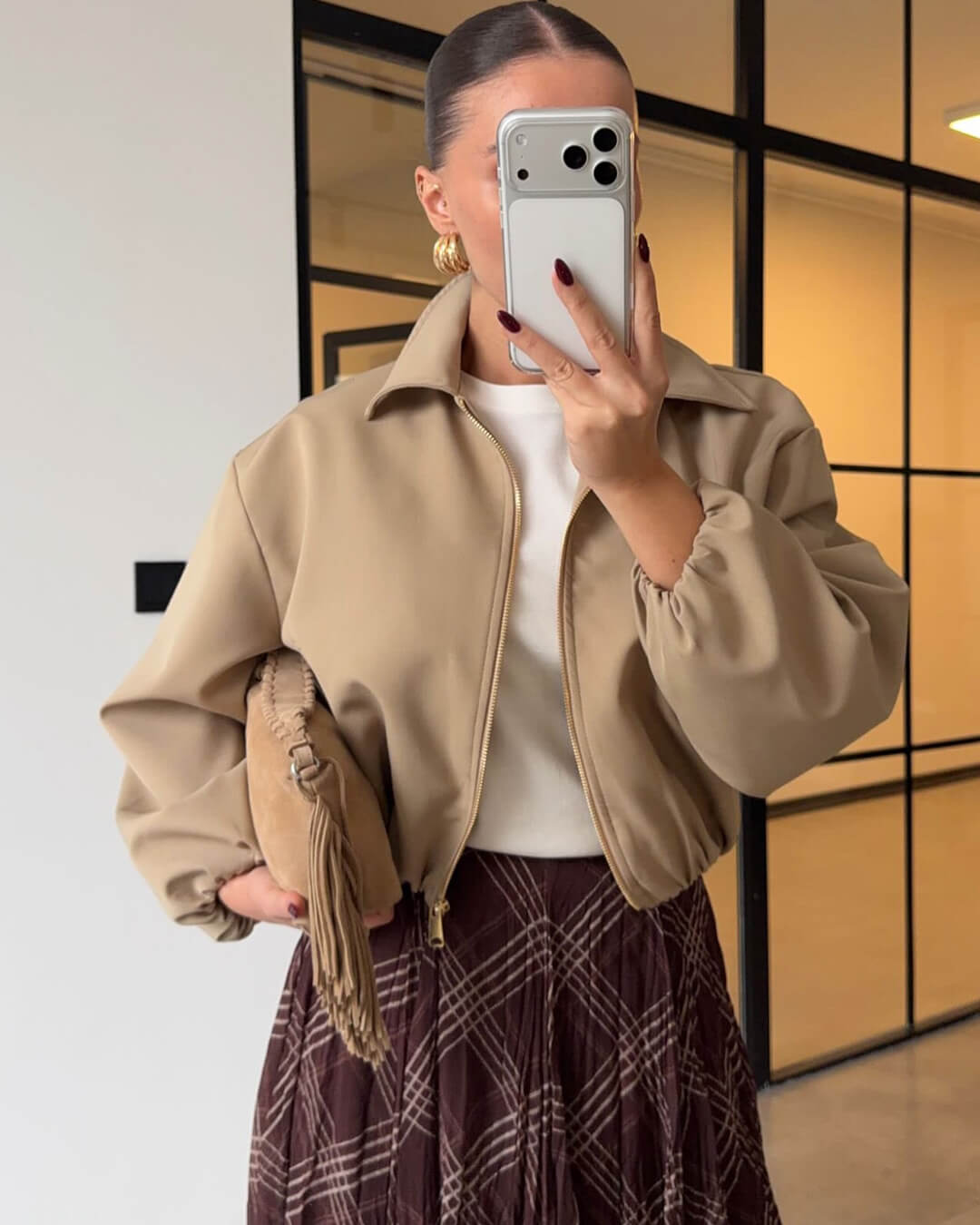 OLANE Front-Zip Puffer Bomber Jacket BeigeXSWomen's Coats & Jackets