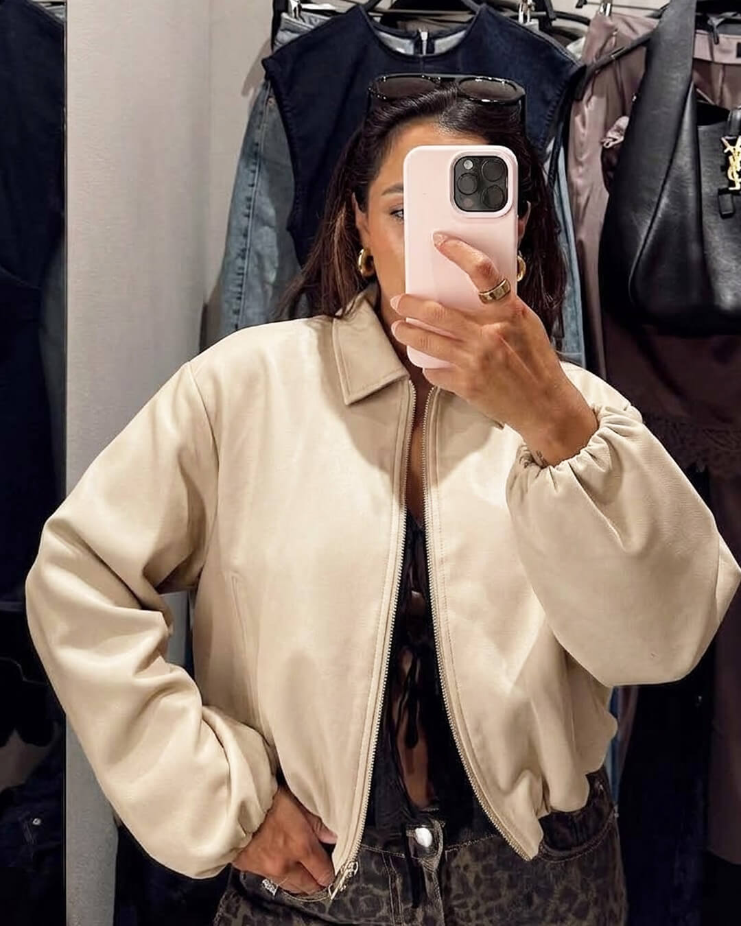 OLANE Front-Zip Puffer Bomber Jacket CreamSWomen's Coats & Jackets