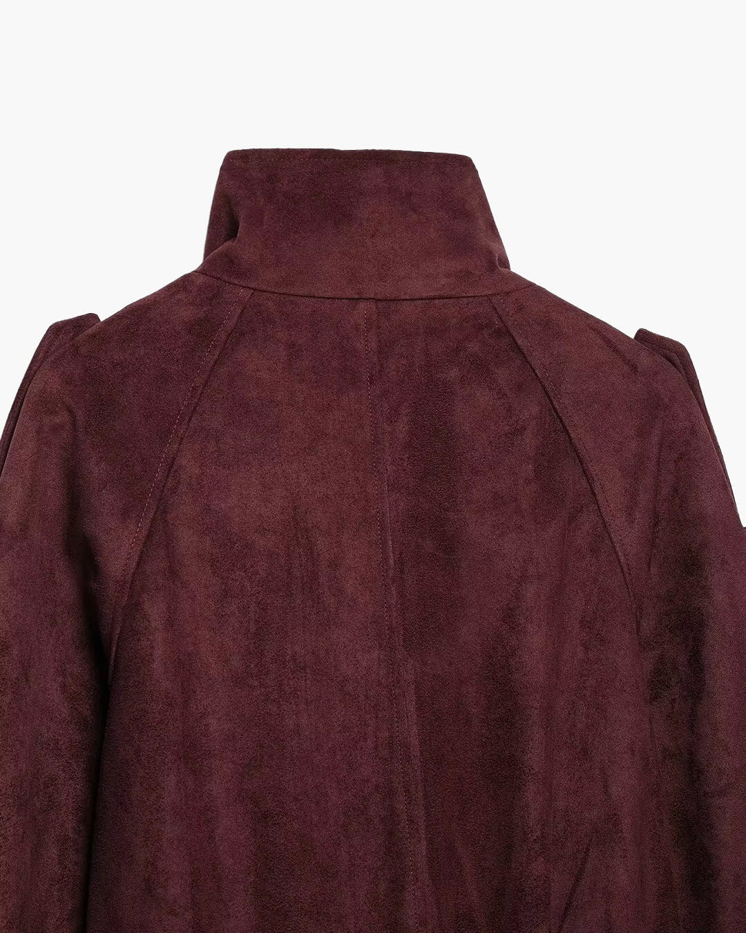 OLANE Funnel Neck Faux Suede Belted Jacket BurgundySJacket