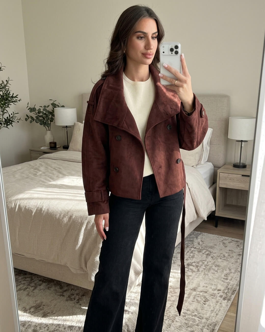 OLANE Funnel Neck Faux Suede Belted Jacket BurgundySJacket