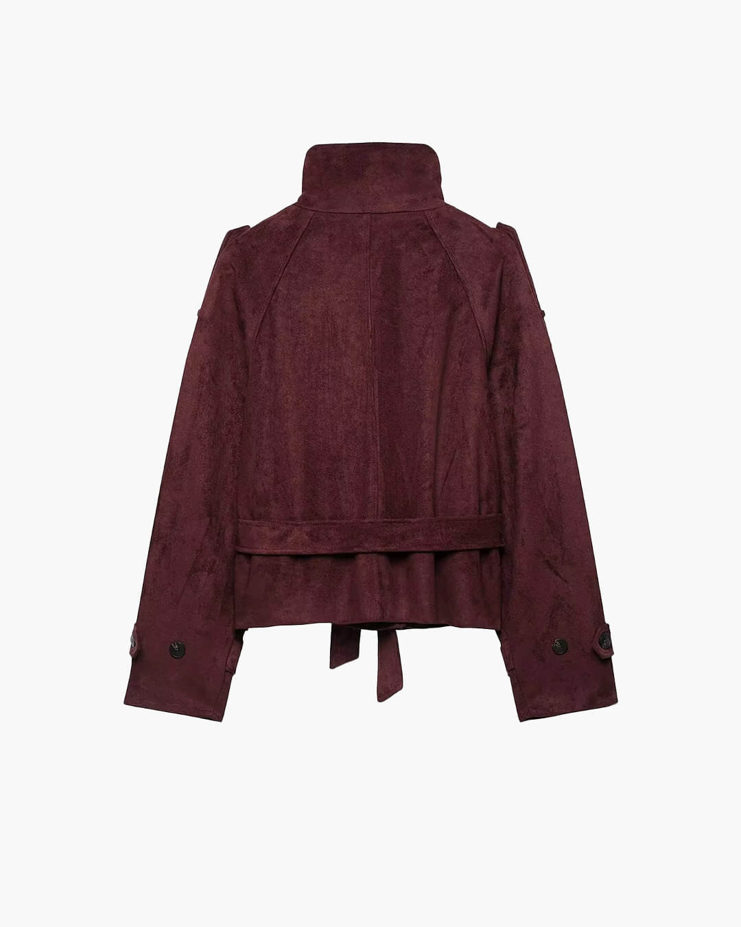 OLANE Funnel Neck Faux Suede Belted Jacket BurgundySJacket