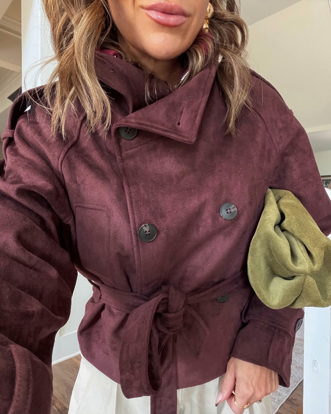 OLANE Funnel Neck Faux Suede Belted Jacket BurgundyXSJacket