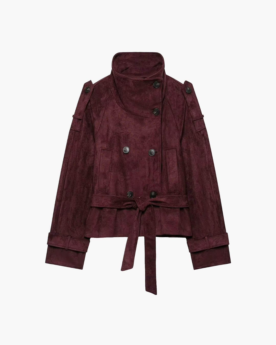 OLANE Funnel Neck Faux Suede Belted Jacket BurgundyXSJacket