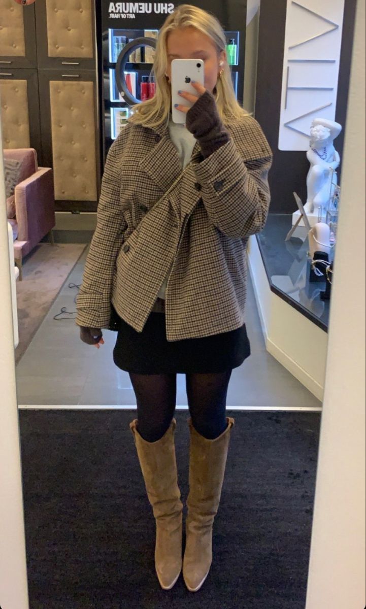 OLANE Funnel Neck Houndstooth Short Jacket MWomen's Coats & Jackets