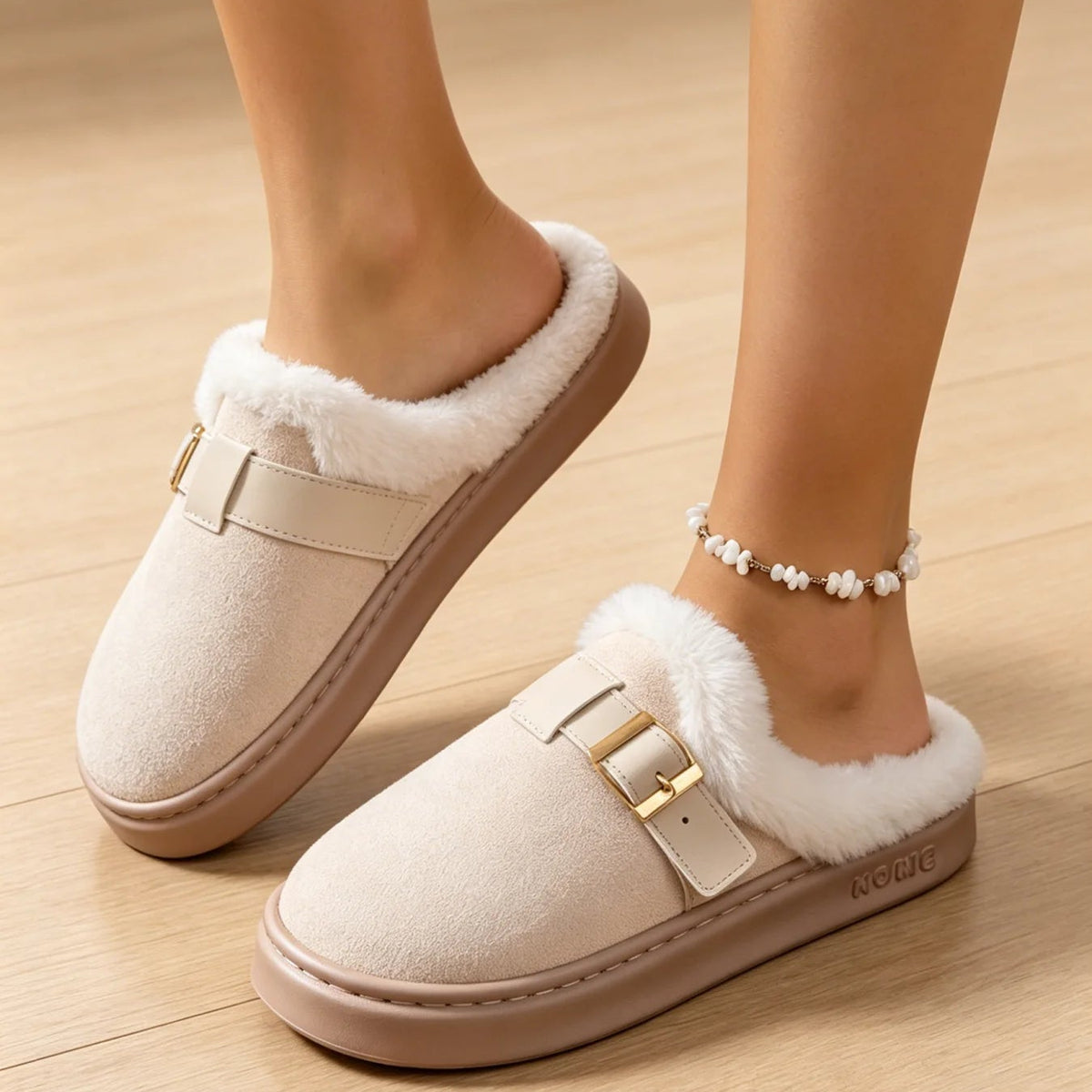 OLANE Fuzzy Retro Faux Fur Lined Suede Slippers Beige36-37Shoes