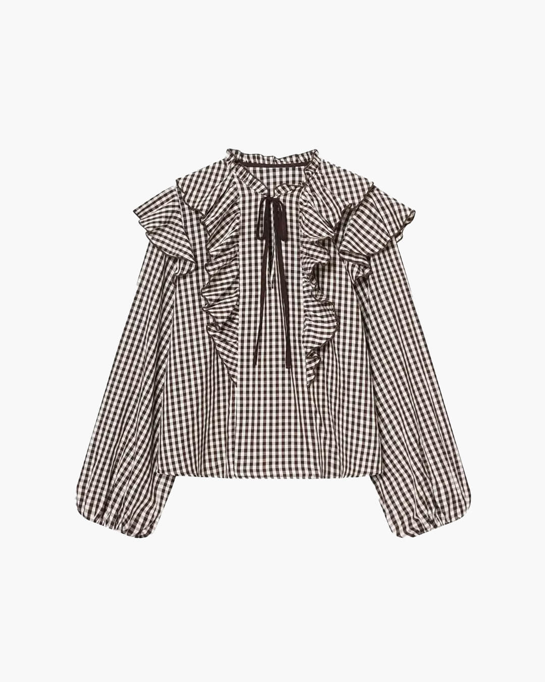 OLANE Gingham Ruffle Tie-Neck Blouse BrownXSBlouse