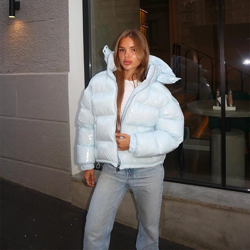OLANE Glossy Hooded Puffer Jacket BlueMWomen's Coats & Jackets