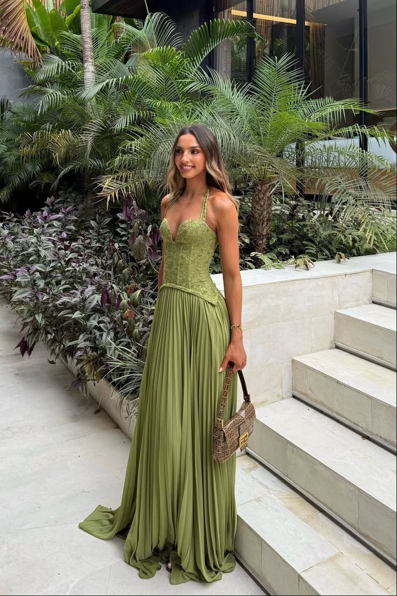 OLANE Halter Neck Pleated Corset Maxi Dress XSWomen's Dresses