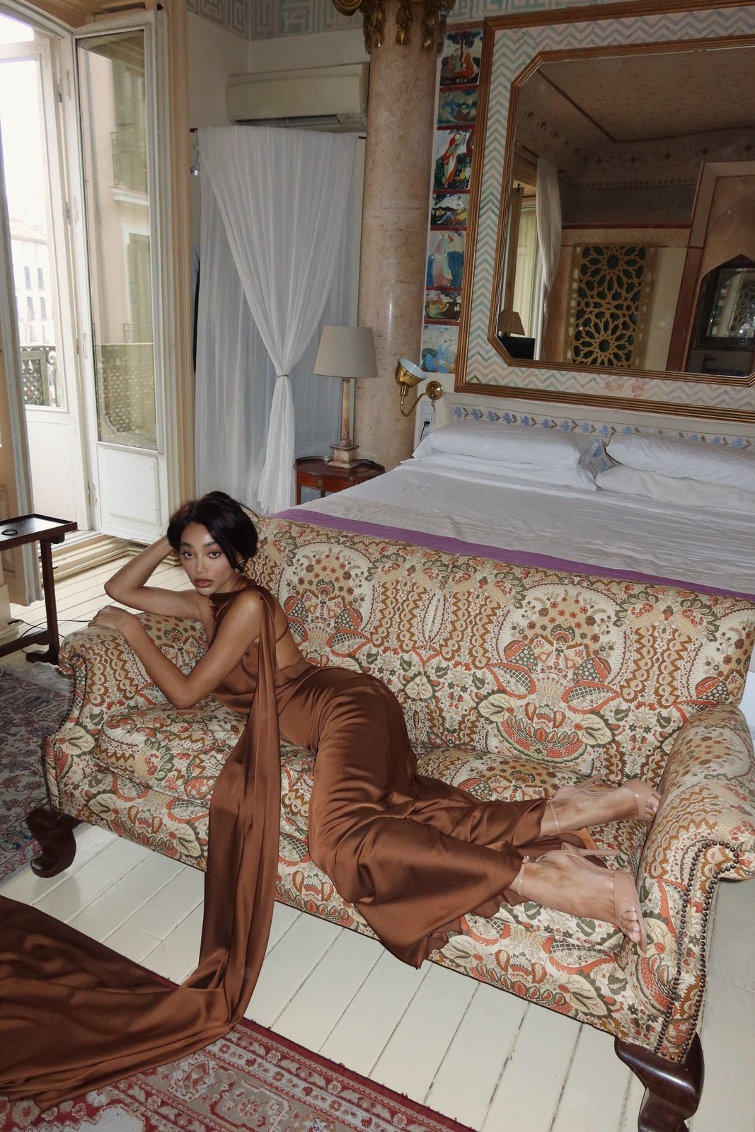 OLANE Halter Open Back Cape Maxi Dress BrownLDress