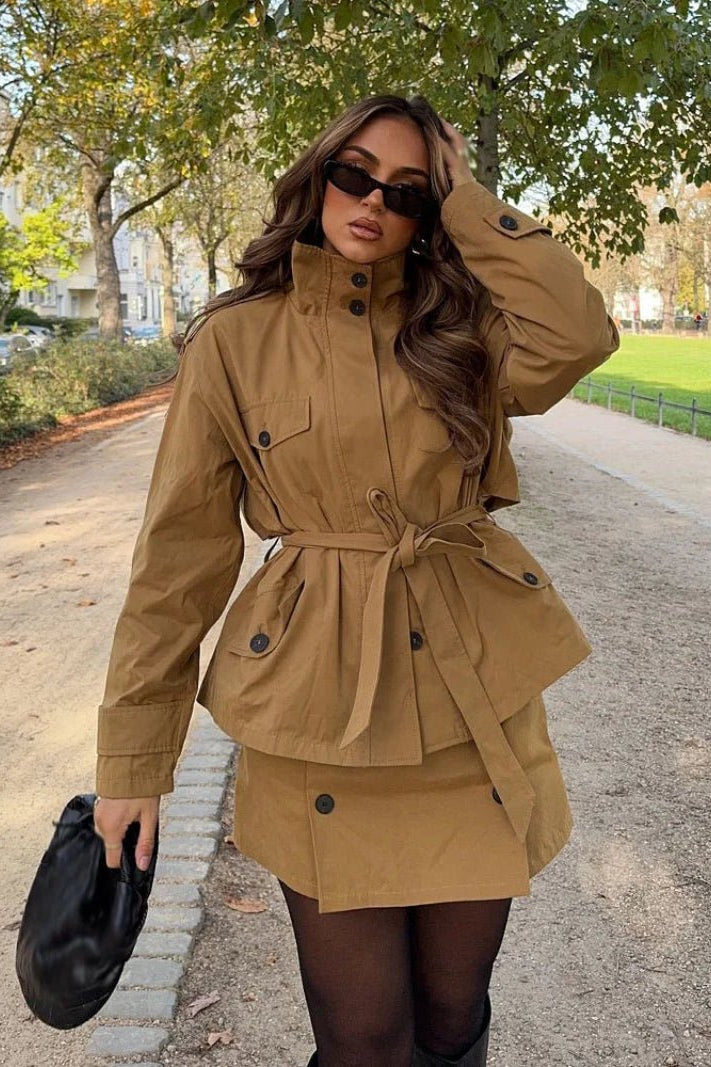 OLANE High Collar Belted Jacket & Skort Set JacketXSWomen's Sets