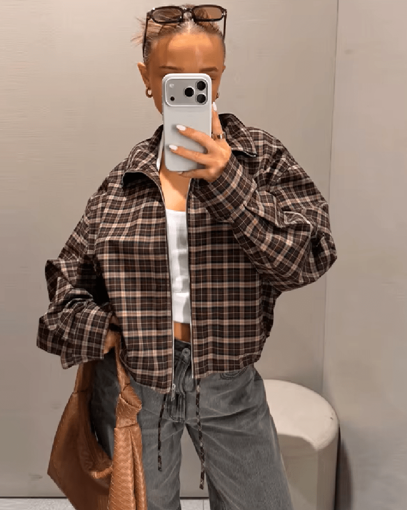 OLANE High Collar Checked Zip-Up Jacket MWomen's Coats & Jackets