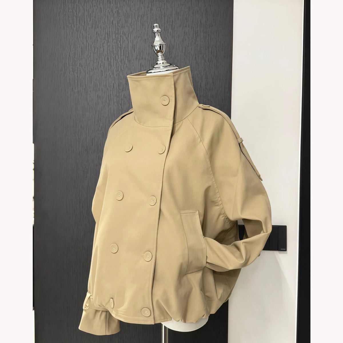 OLANE High Funnel Neck Cropped Trench Jacket BeigeLJacket