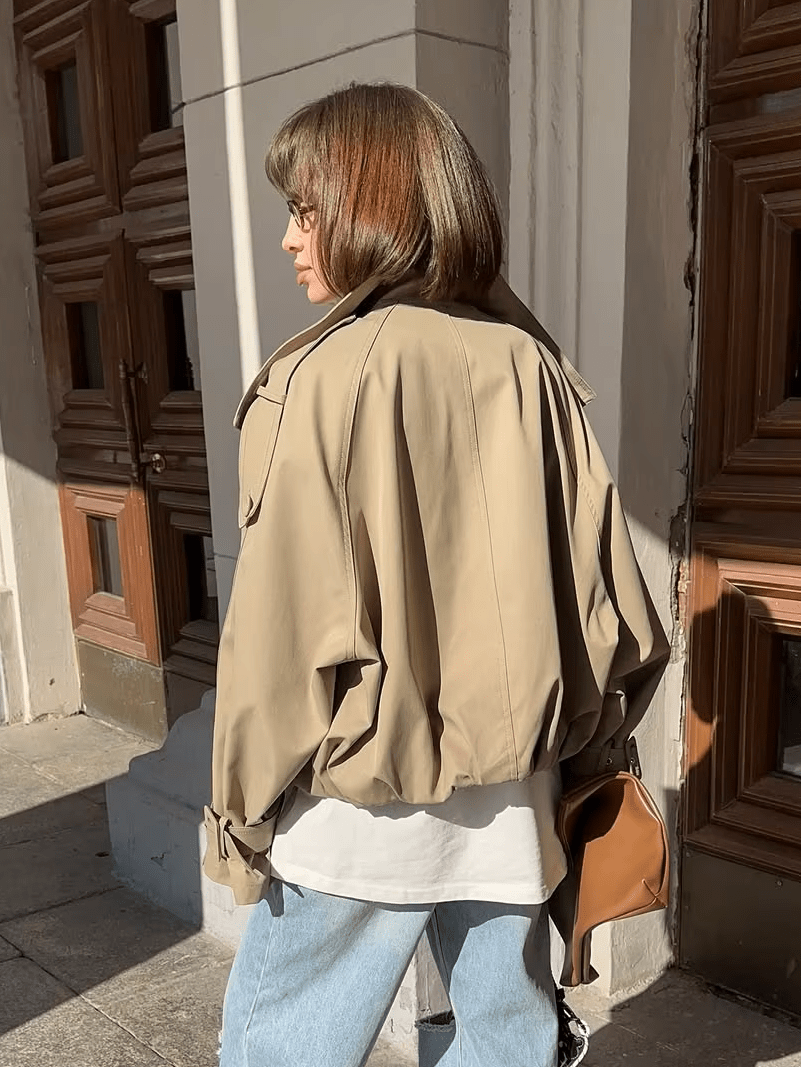 OLANE High Funnel Neck Cropped Trench Jacket BeigeLJacket