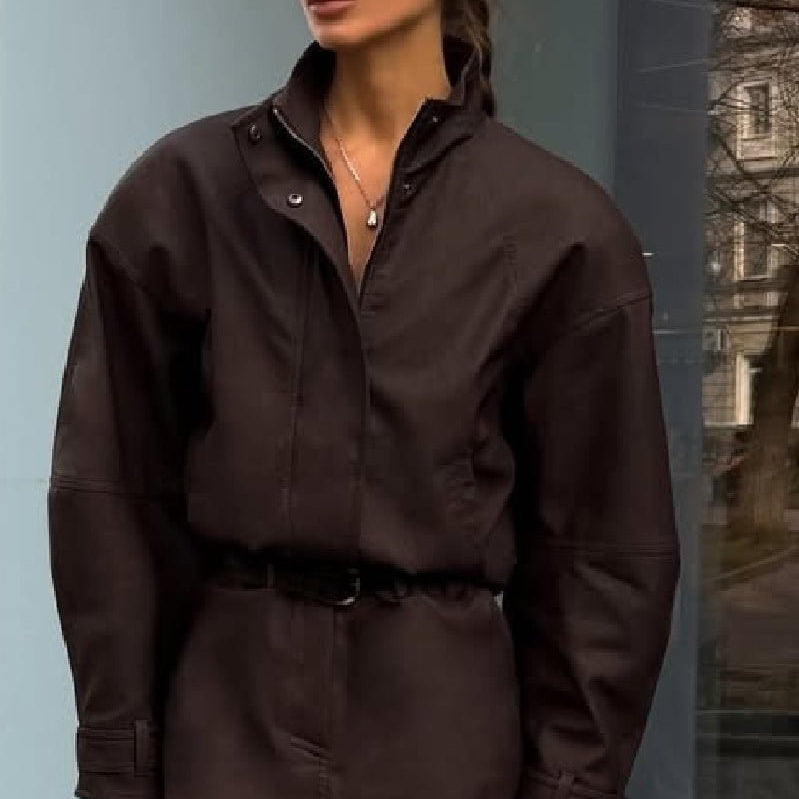 OLANE High Neck Faux Suede Zip-Up Jacket Choco BrownSWomen's Coats & Jackets
