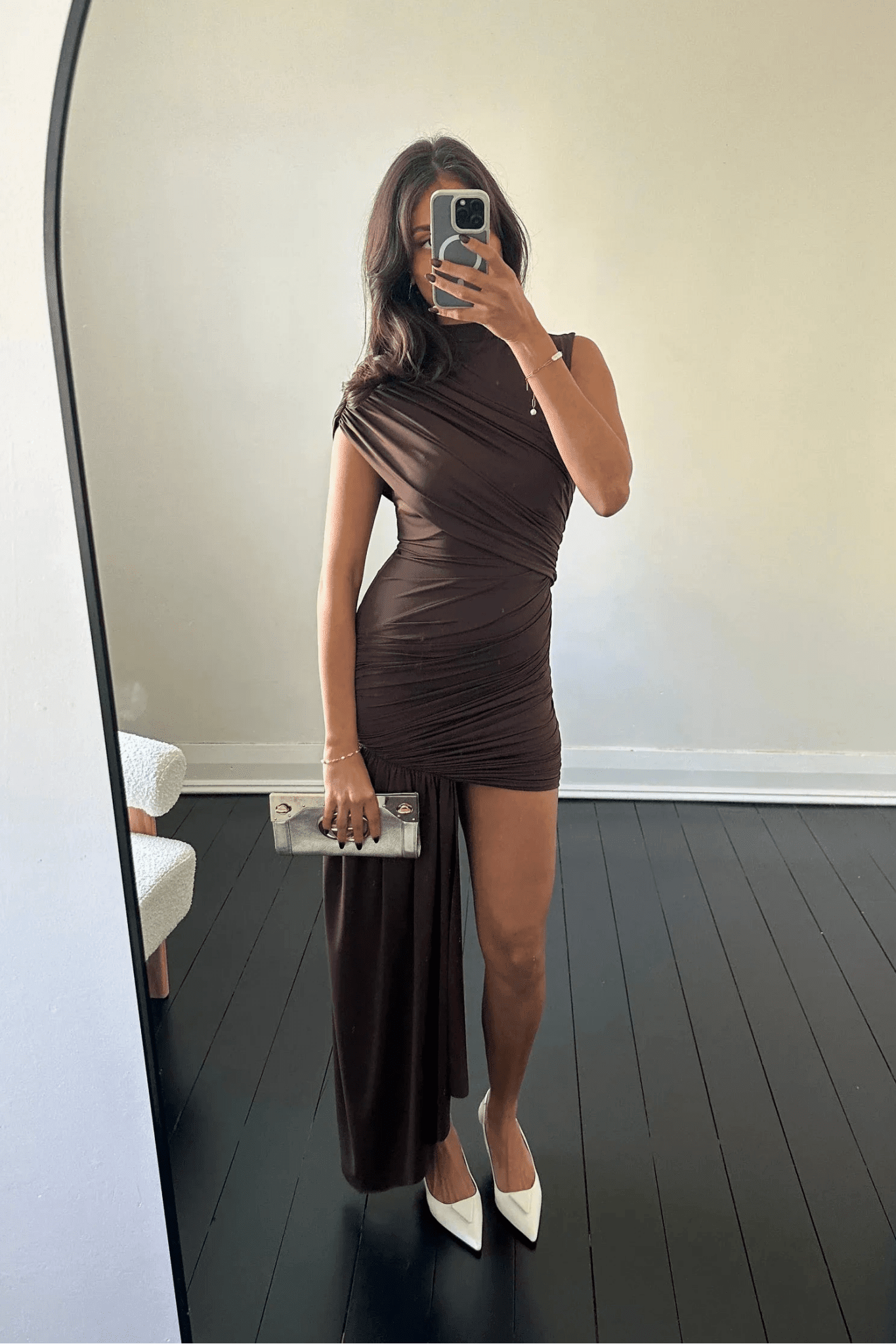 OLANE High Neck Ruched Mini Dress CoffeeMWomen's Dresses