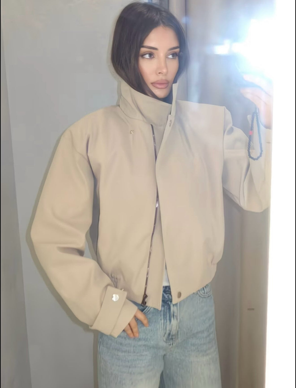 OLANE High Neck Zip-Up Bomber Jacket BeigeMWomen's Coats & Jackets