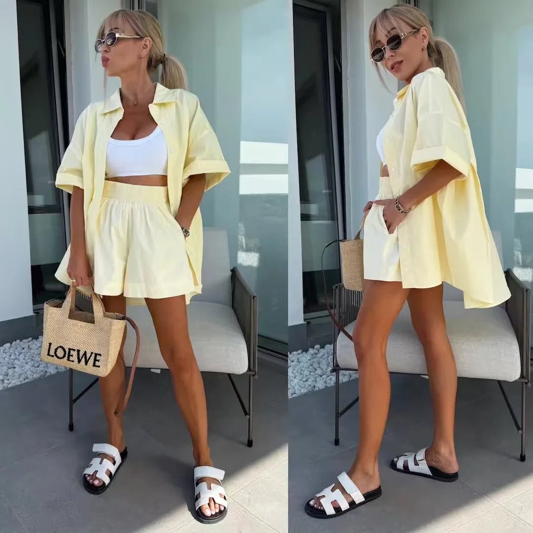 OLANE Janine Lapel Half-Sleeve Top & Shorts Set BlueSWomen's Sets