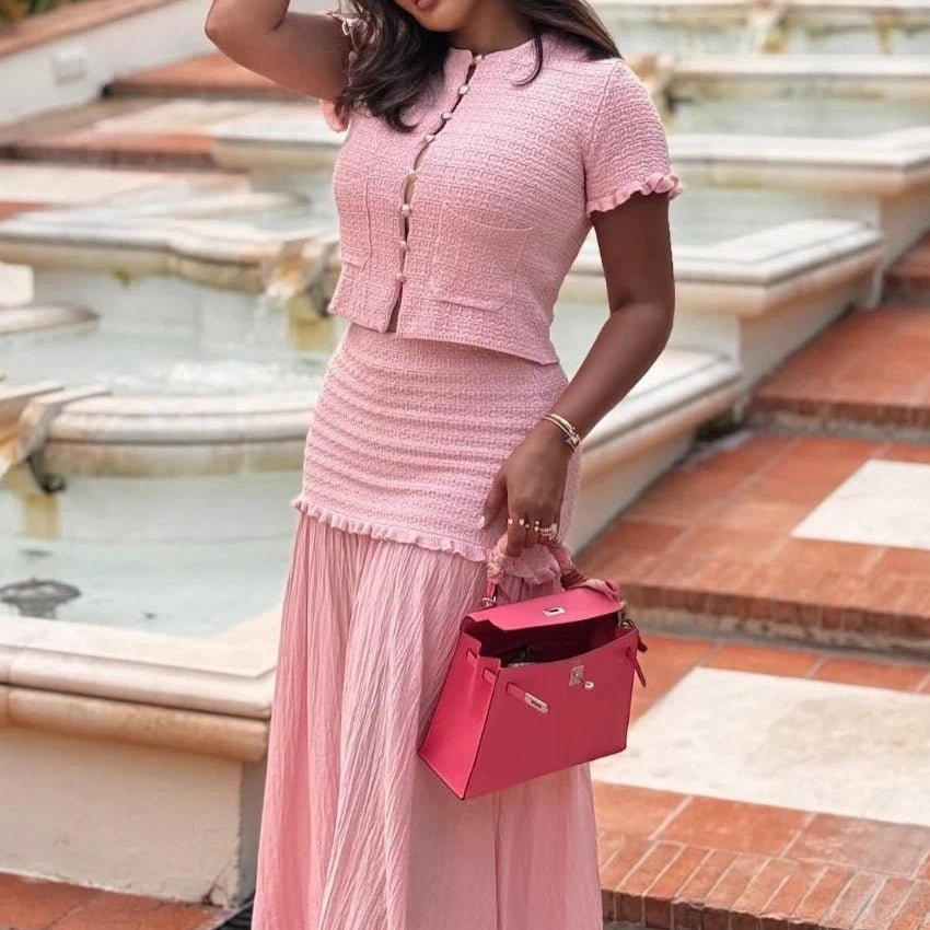 OLANE Julie Knitted Tank Pleated Skirt Set Pink SetSWomen's Sets