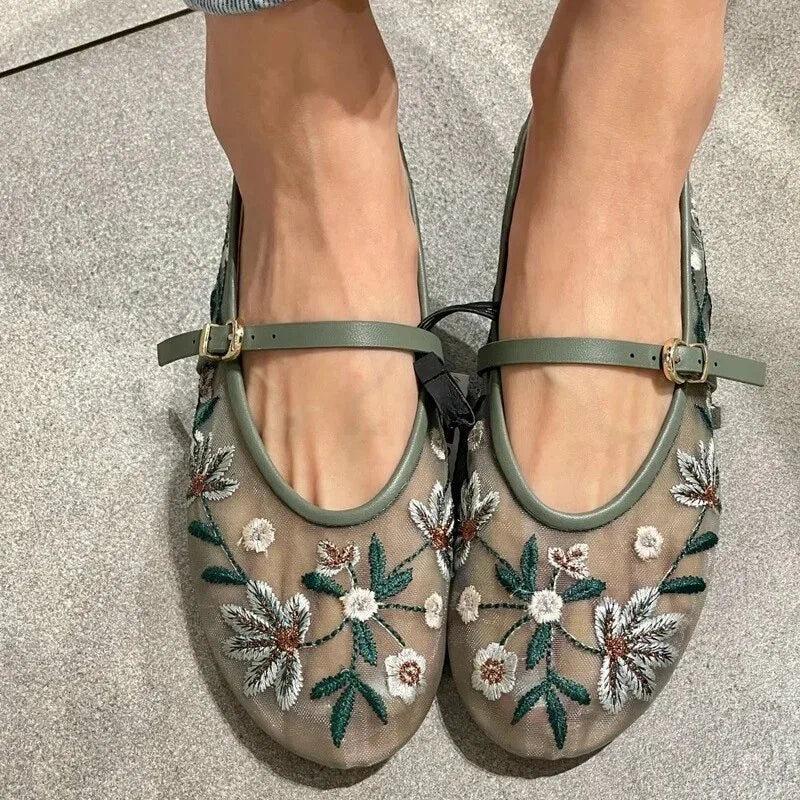 OLANE Kate Embroidered Ballet Flats Green38Women's Shoes