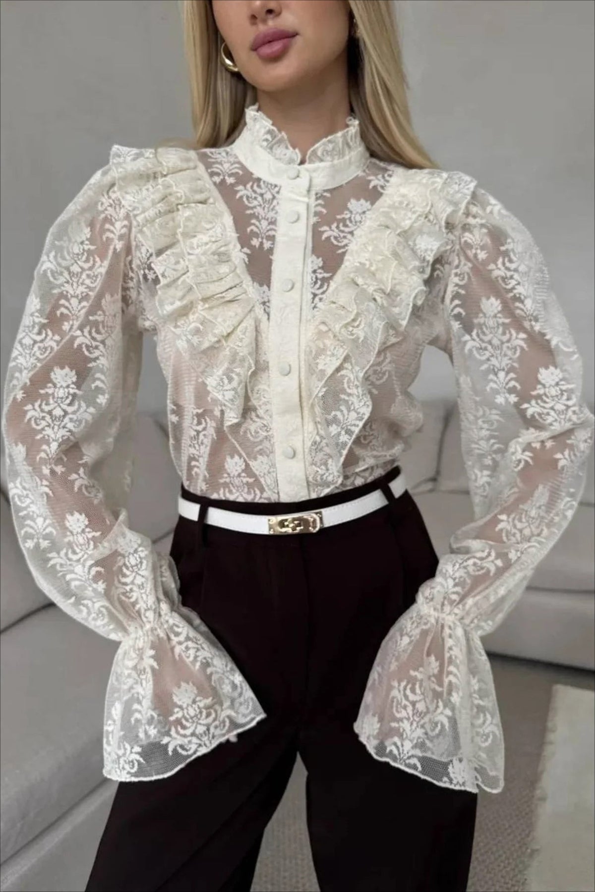 OLANE Lace Flare Sleeve Sheer Blouse BeigeLBlouse