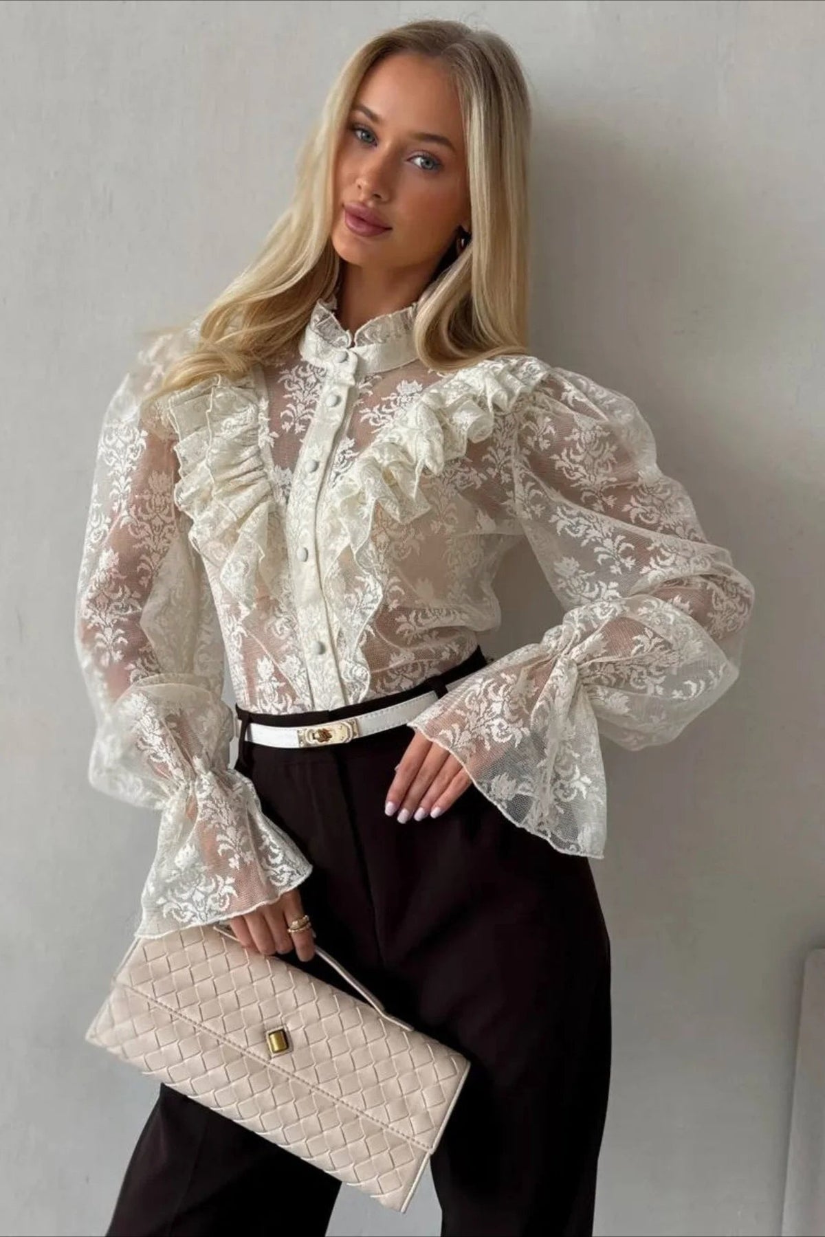 OLANE Lace Flare Sleeve Sheer Blouse BeigeSBlouse