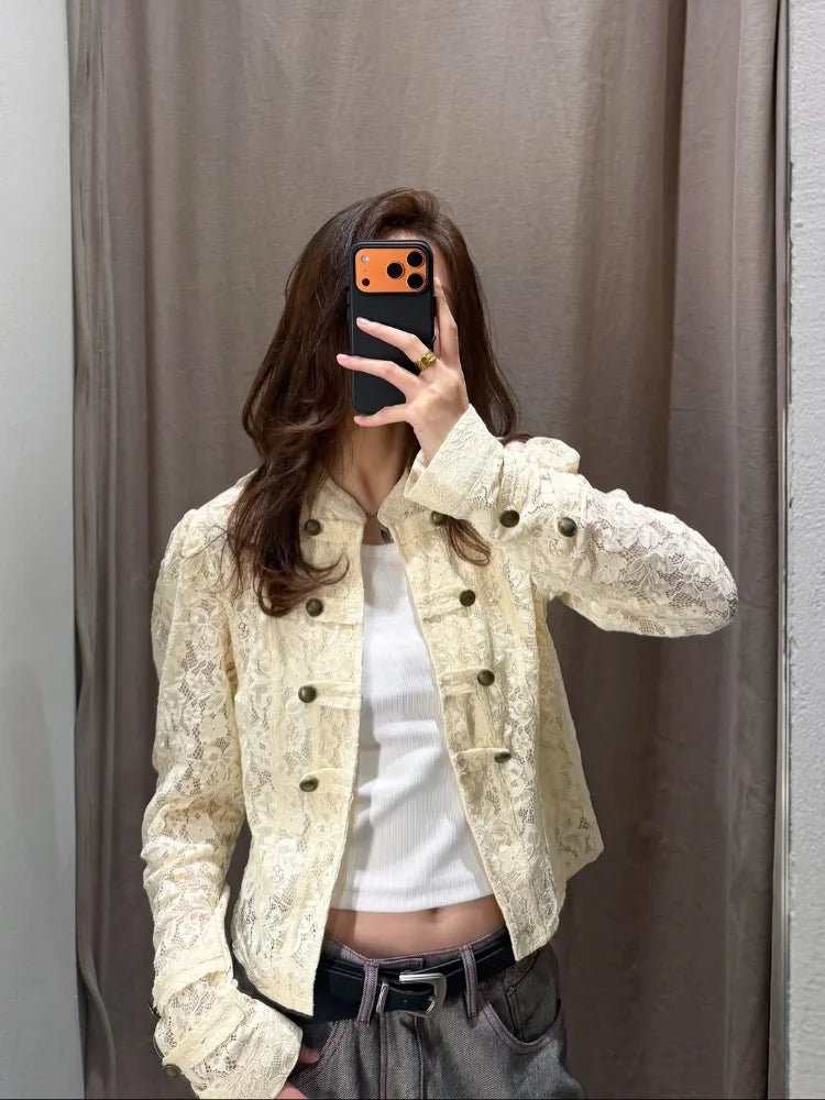 OLANE Lace Sheer Patchwork Jacket BeigeMWomen's Coats & Jackets