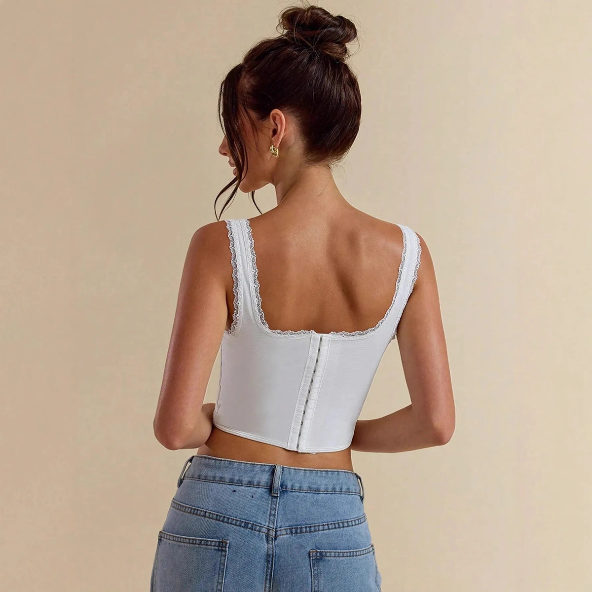 OLANE Lace Trim Strappy Button Top WhiteXSWomen’s Tops