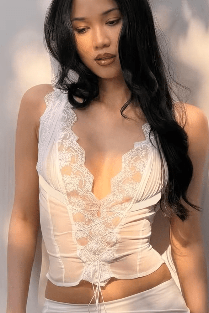 OLANE Lace Trim Tie Back Skirt Set White Set (Top+Skirt)SSkirt
