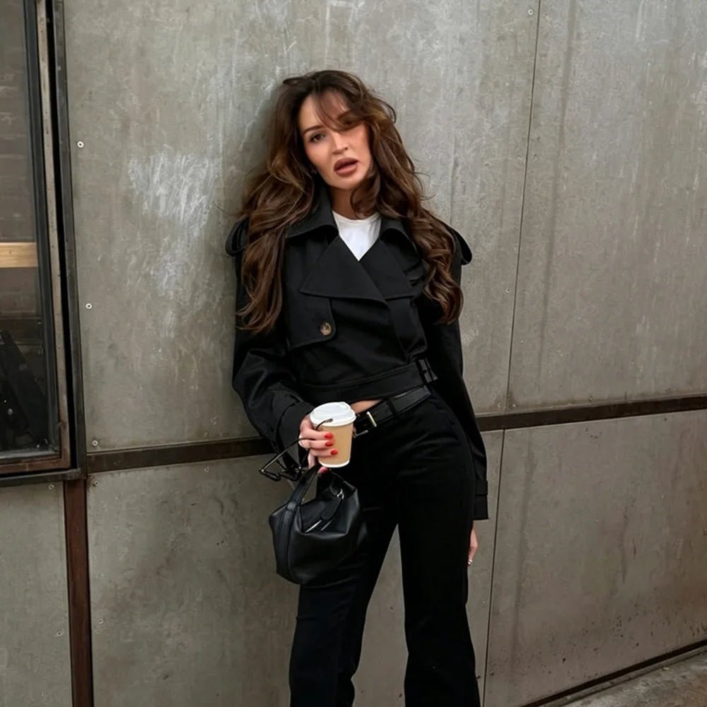 OLANE Lapel Collar Cropped Trench Jacket BlackSWomen's Coats & Jackets