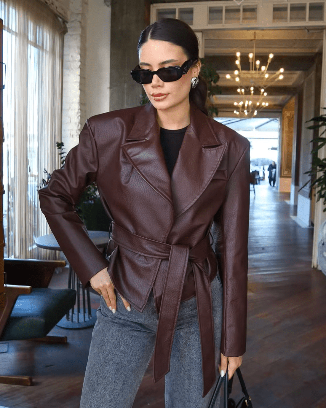 OLANE Lapel Lace-Up Vegan Leather Jacket BurgundyLJacket