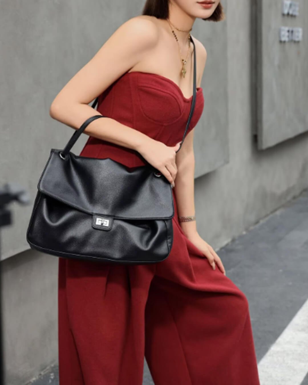 OLANE Leather Flap Maxi Shoulder Bag Black32x9x22 cmWomen's Handbags