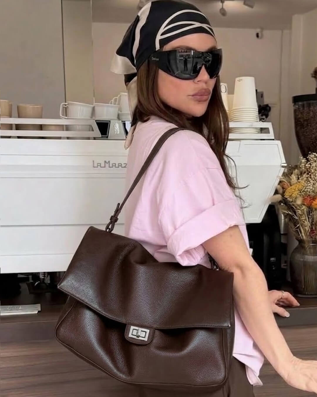 OLANE Leather Flap Maxi Shoulder Bag Brown32x9x22 cmWomen's Handbags