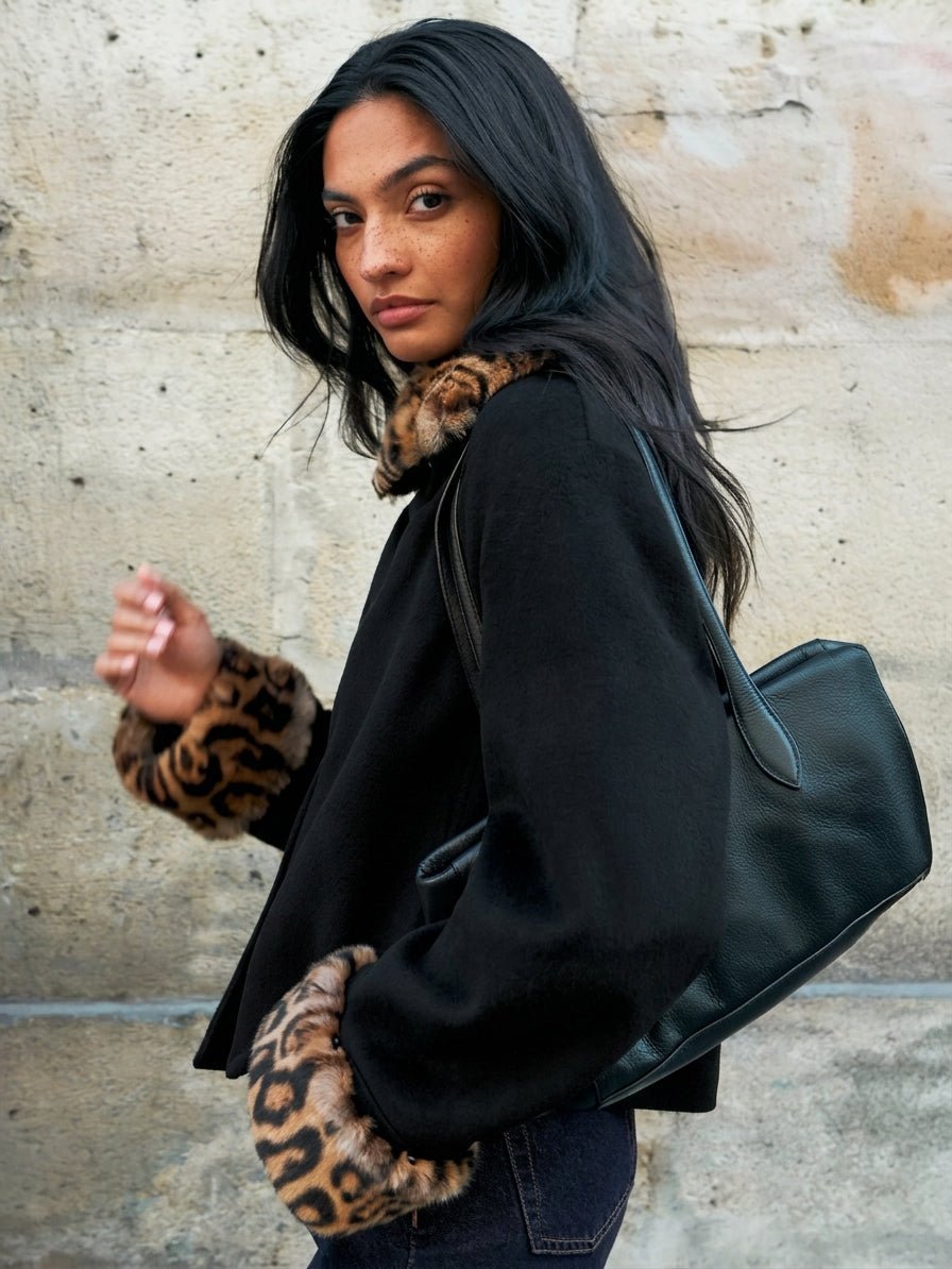 OLANE Leopard Faux Fur Trim Button-Up Jacket BlackSWomen's Coats & Jackets