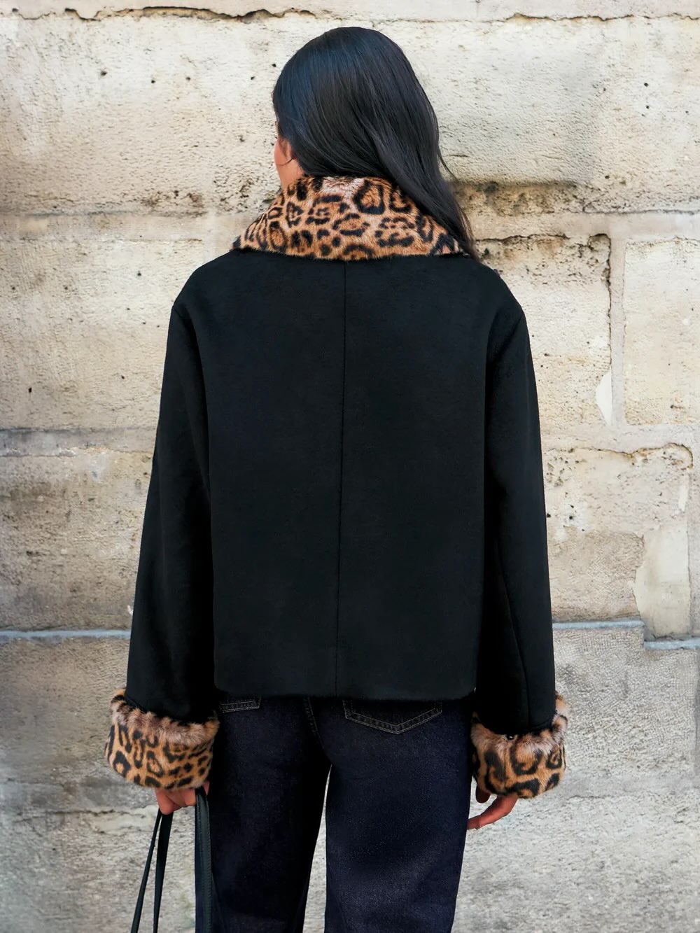 OLANE Leopard Faux Fur Trim Button-Up Jacket BlackSWomen's Coats & Jackets