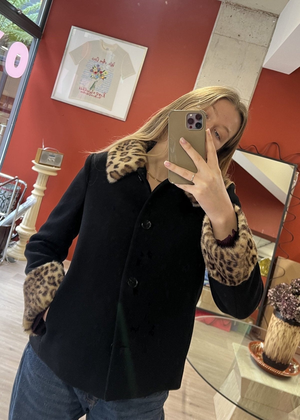 OLANE Leopard Faux Fur Trim Button-Up Jacket BlackXLWomen's Coats & Jackets