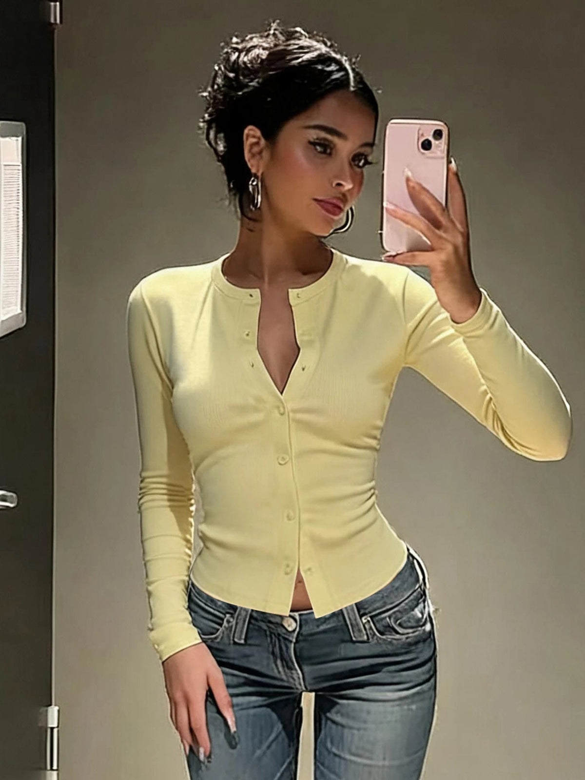 OLANE Long Sleeve Button Front Ribbed Knit Top LWomen’s Tops