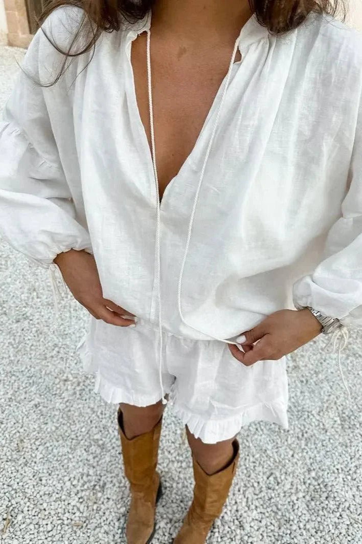 OLANE Long Sleeve Cotton Lounge Set White SetLWomen's Sets