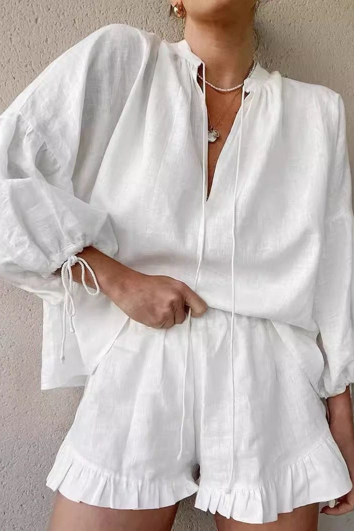 OLANE Long Sleeve Cotton Lounge Set White SetLWomen's Sets