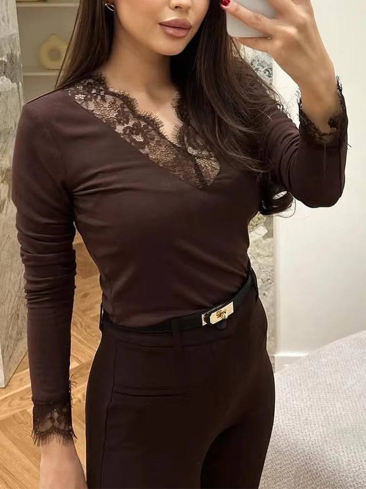 OLANE Long Sleeve Lace V-Neck Casual Top BrownMWomen’s Tops