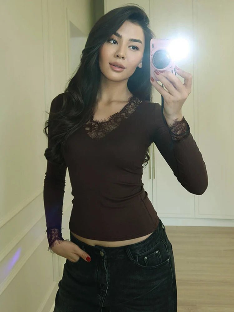 OLANE Long Sleeve Lace V-Neck Casual Top BrownSWomen’s Tops