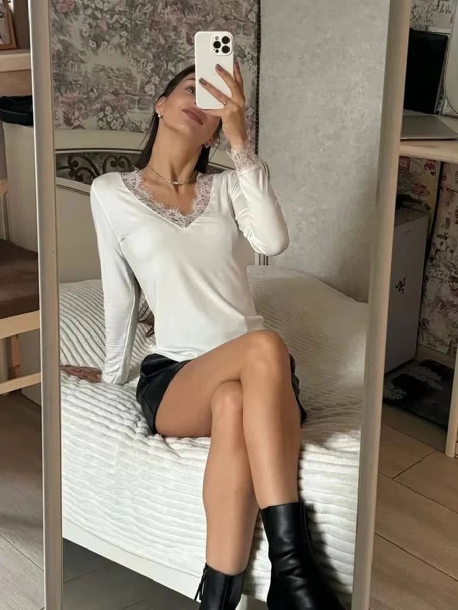 OLANE Long Sleeve Lace V-Neck Casual Top WhiteSWomen’s Tops