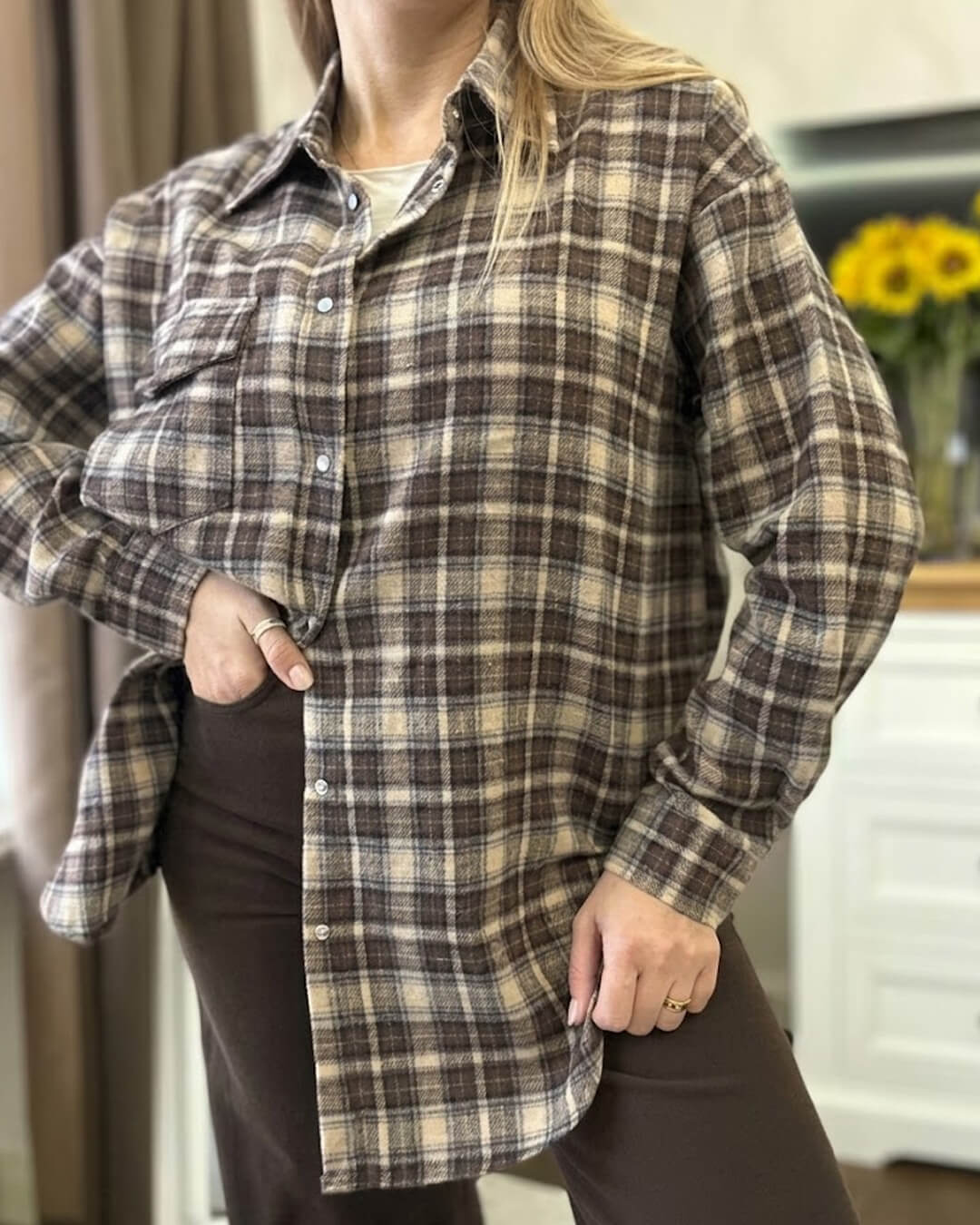 OLANE Long Sleeve Oversized Plaid Shirt BrownOne SizeWomen’s Tops