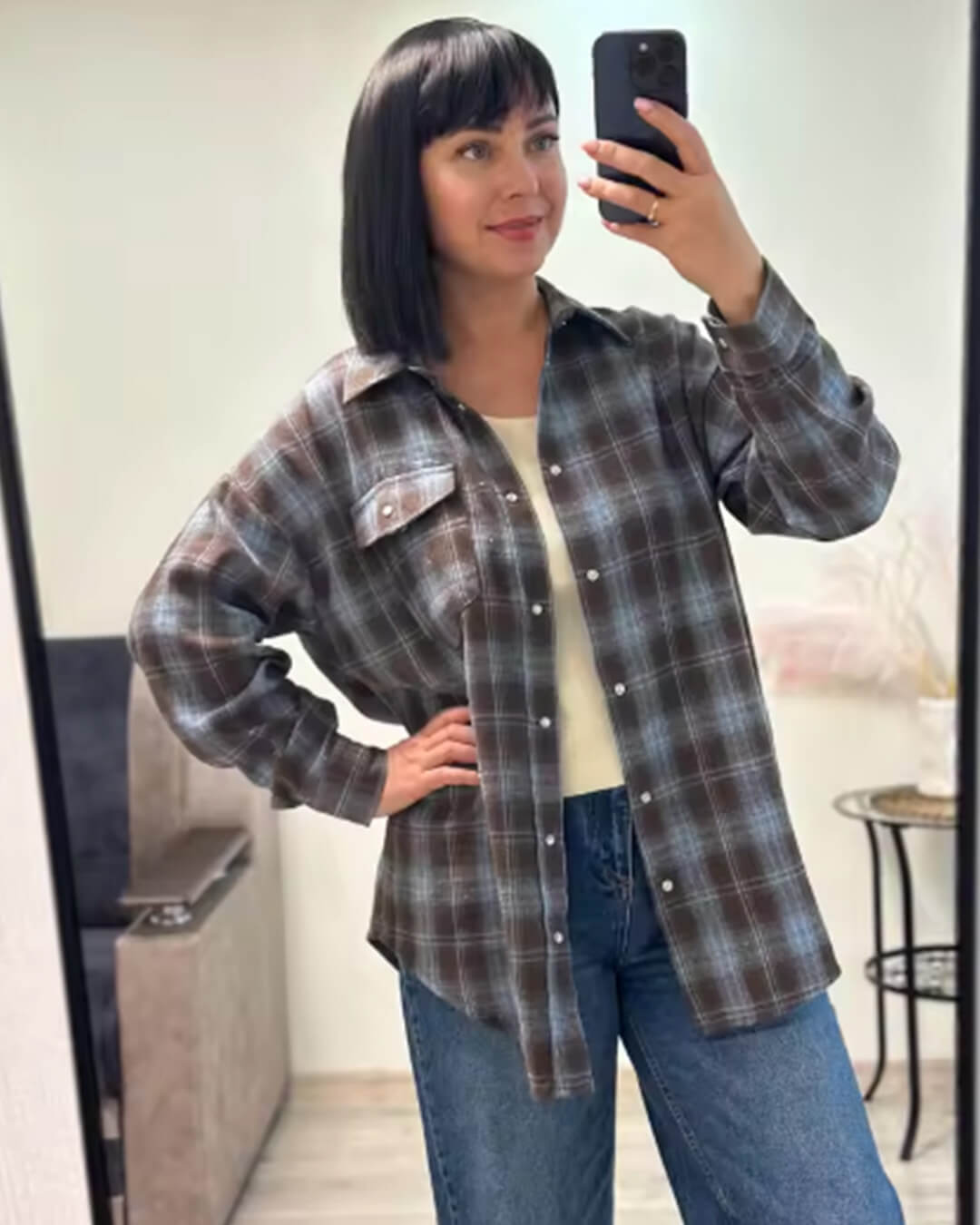 OLANE Long Sleeve Oversized Plaid Shirt Gray BlueOne SizeWomen’s Tops